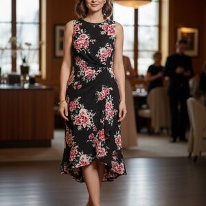Elle Black and Pink Floral High Low Dress